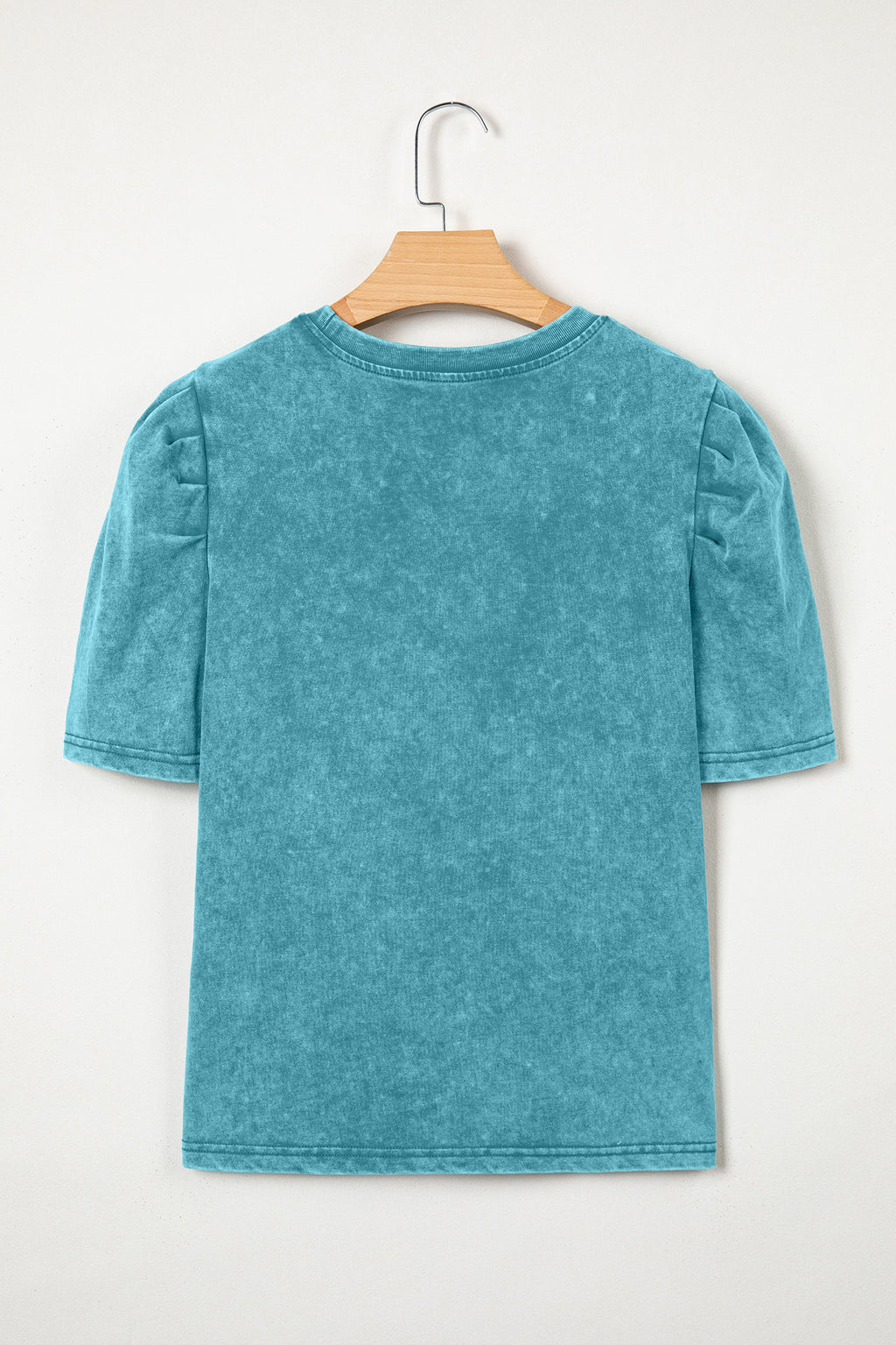 Turquoise Mineral Wash Western Embroidered Detail Short Puff Sleeve Cotton Tee
