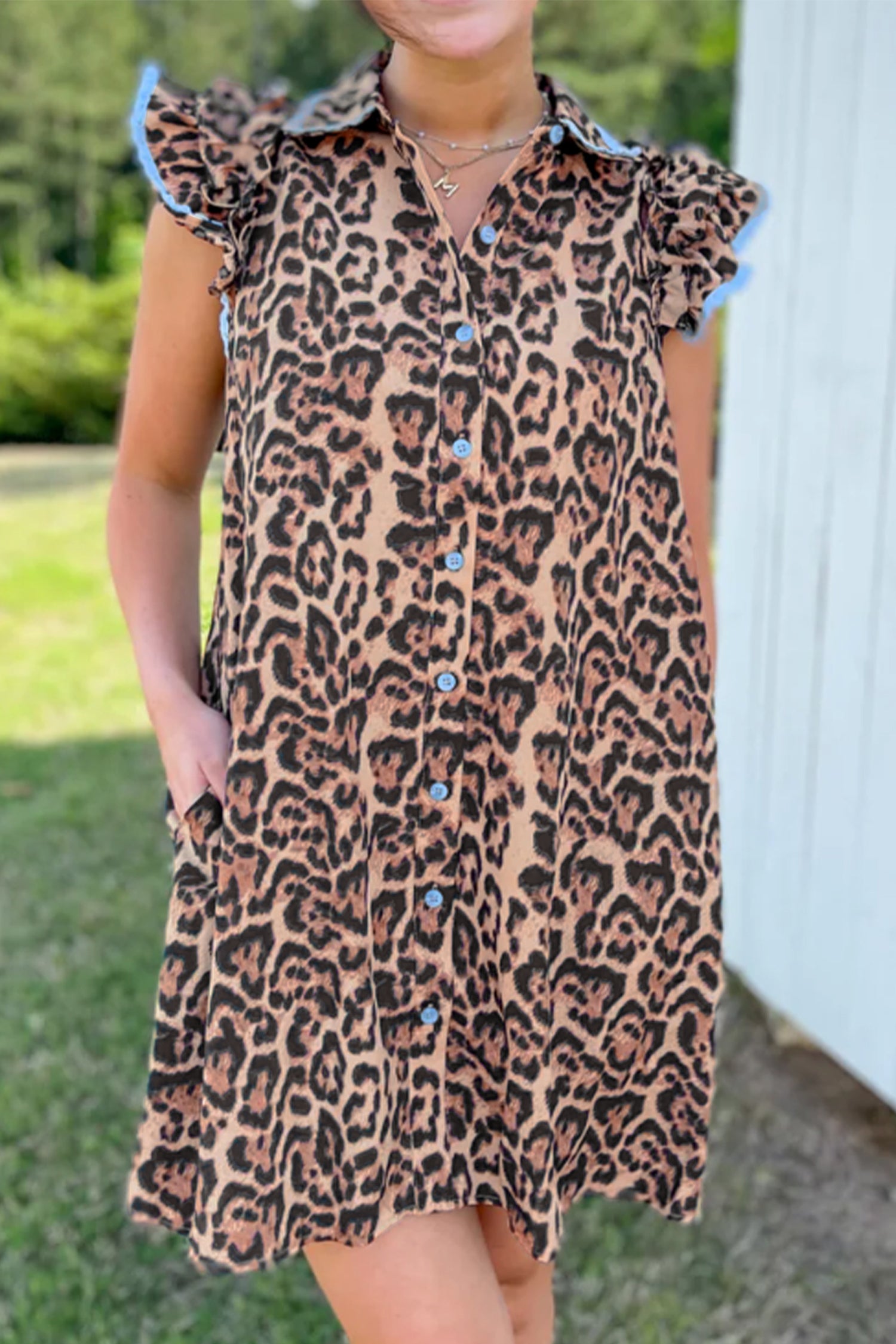 Khaki Leopard Print Lace Trim Shirt Collar Button Down Loose Mini Dress