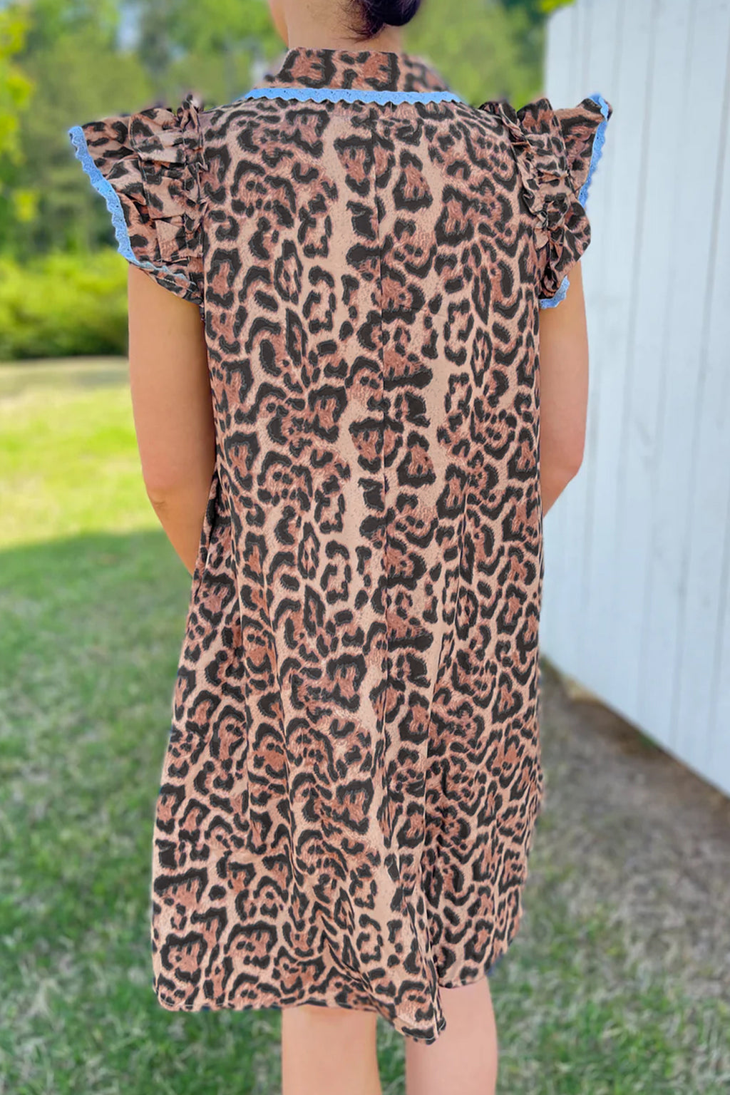 Khaki Leopard Print Lace Trim Shirt Collar Button Down Loose Mini Dress