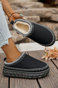 Black Faux Suede Woven Trim Plush Lining Platform Slippers