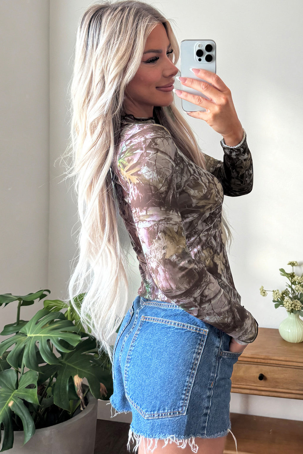 Oatmeal Western Print Slim Fit Mesh Long Sleeve Mock Neck Top