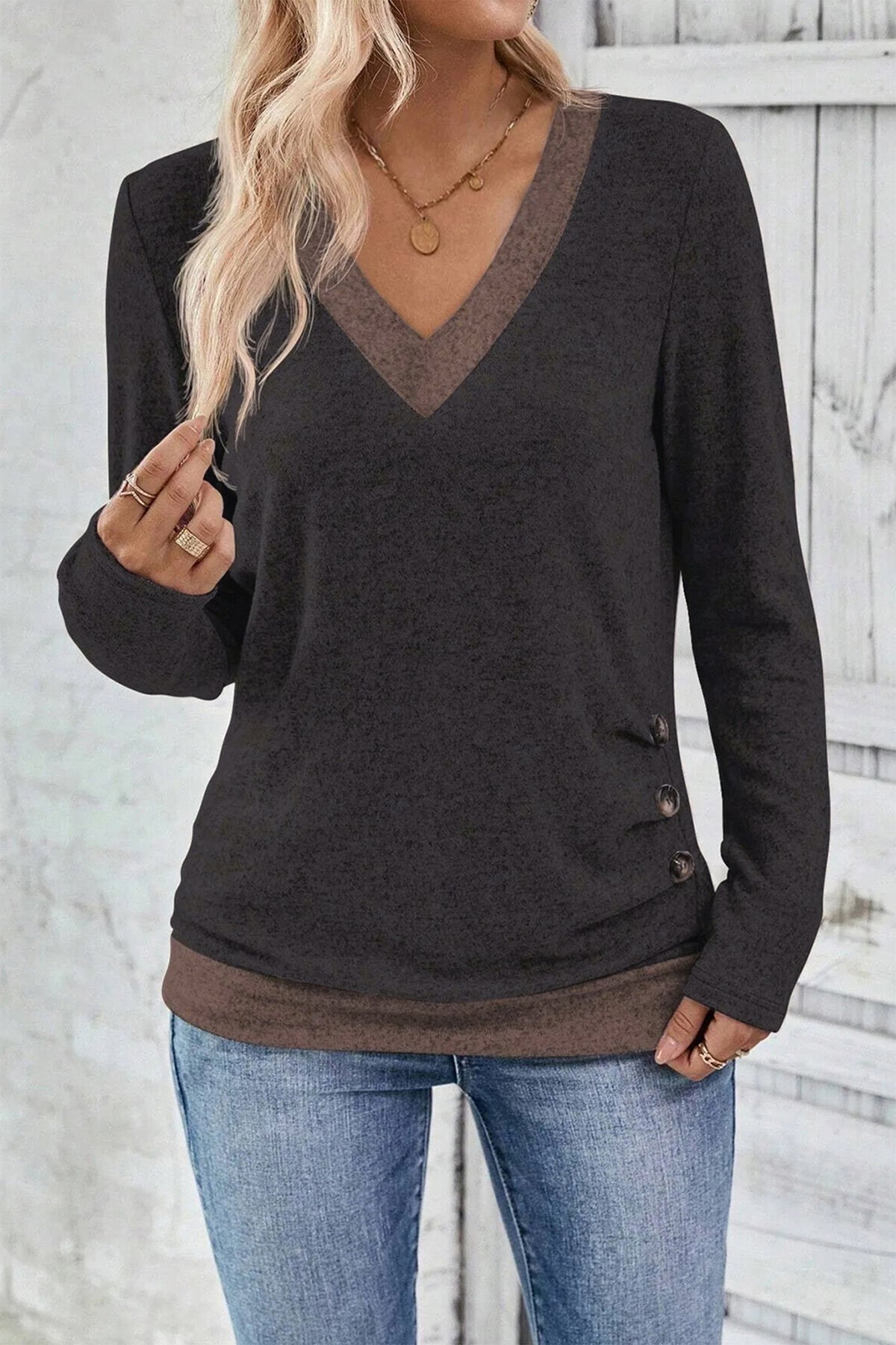 Chicory Coffee Color Block Trim V Neck Button Decor Long Sleeve Top