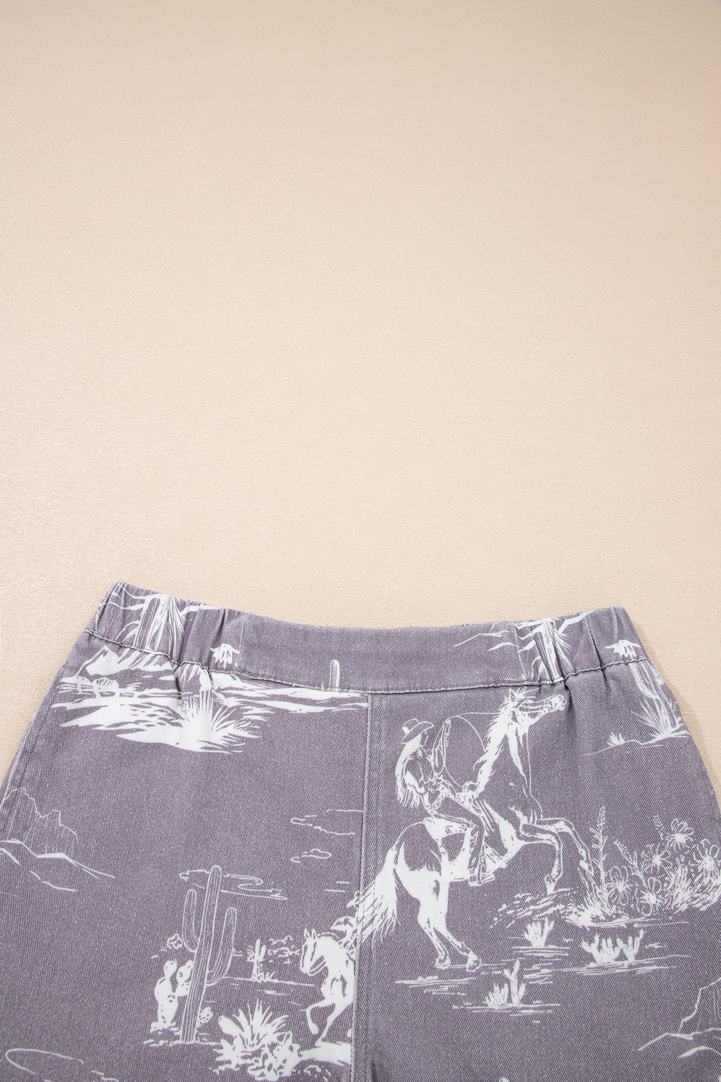 Gray Western Print Elastic Waist Cotton Denim Shorts
