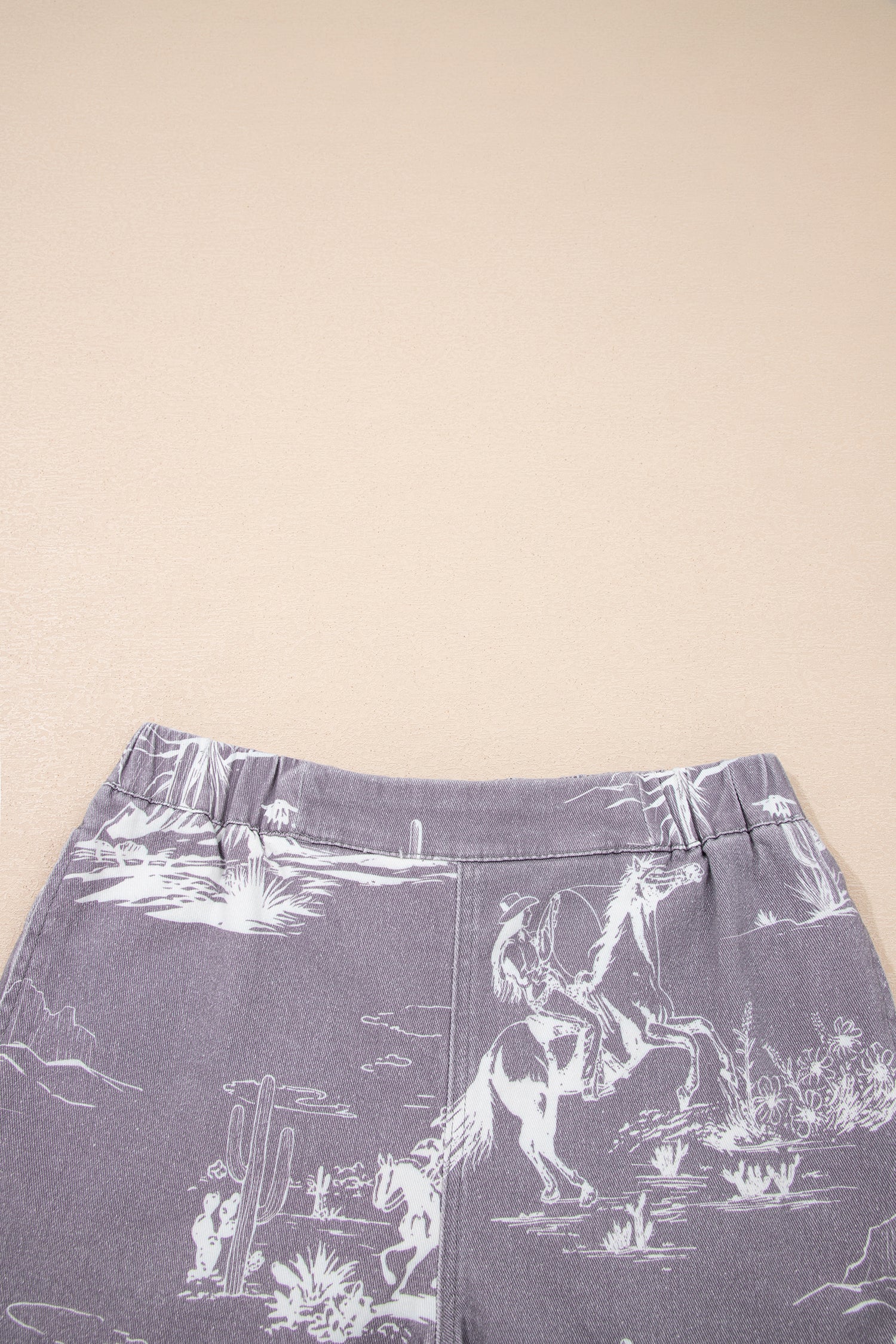 Gray Western Print Elastic Waist Cotton Denim Shorts