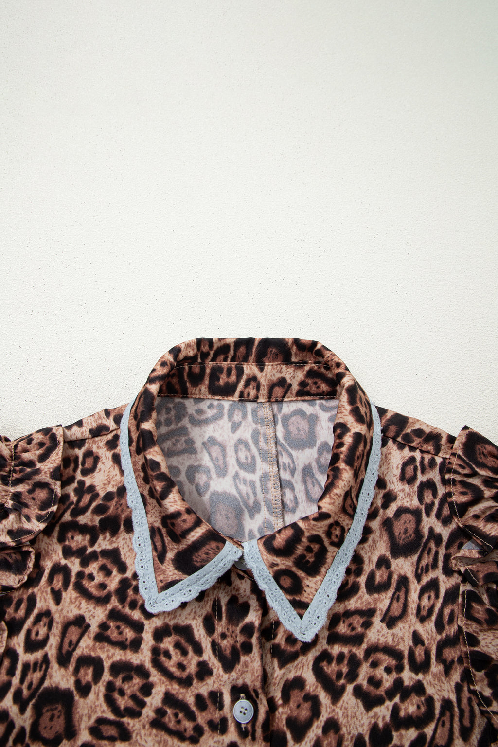 Khaki Leopard Print Lace Trim Shirt Collar Button Down Loose Mini Dress