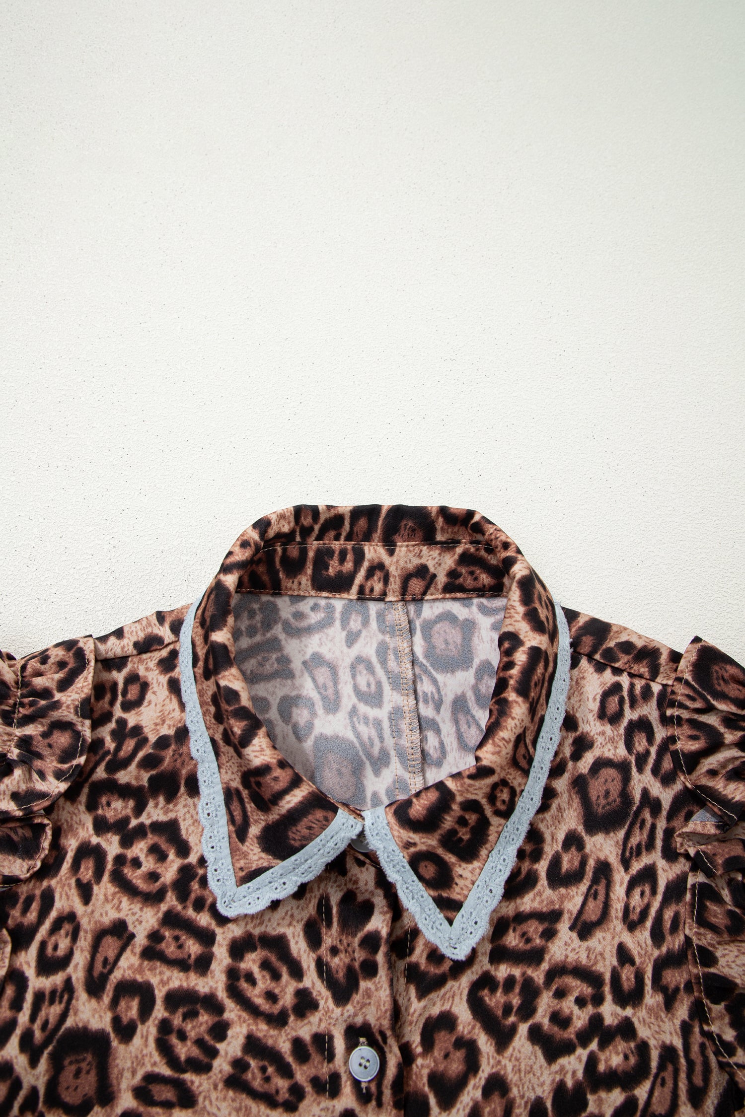 Khaki Leopard Print Lace Trim Shirt Collar Button Down Loose Mini Dress