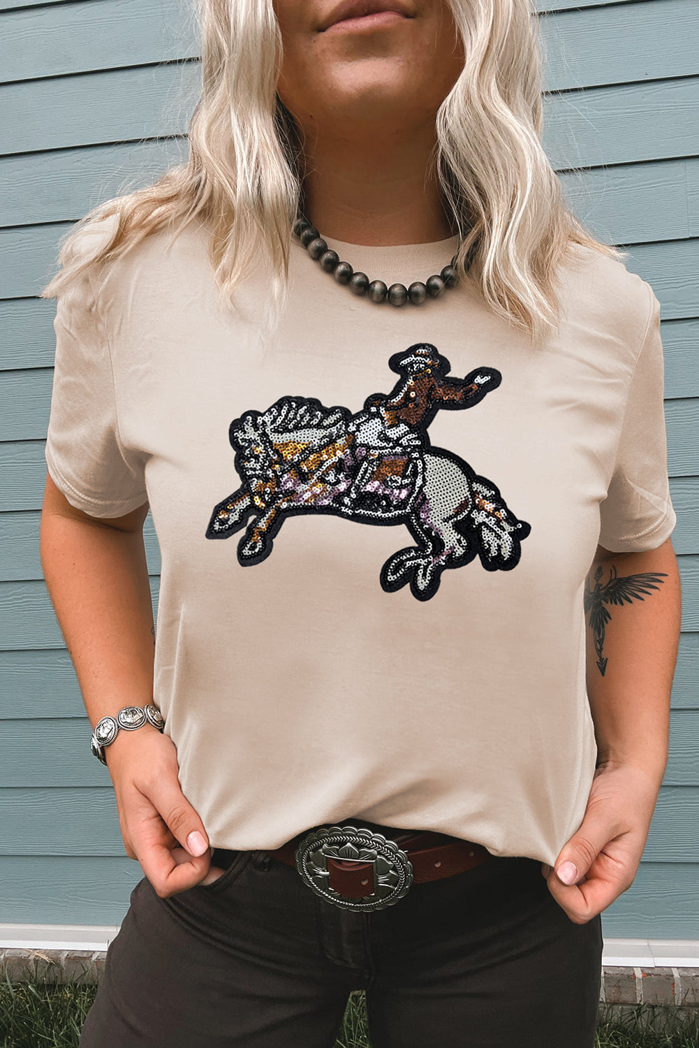 Khaki Rodeo Sequins Patch Graphic Crewneck Tee