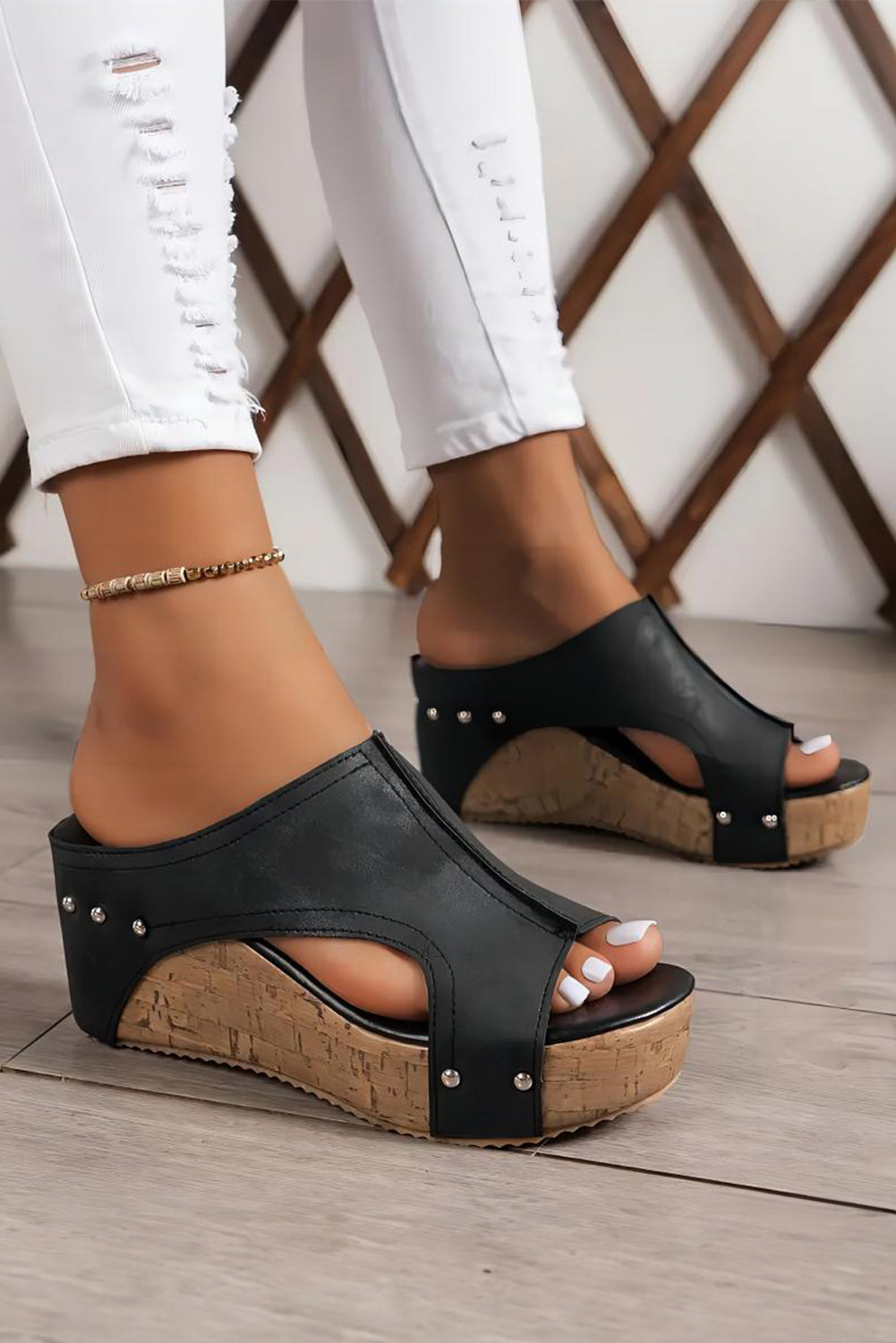 Chestnut Hollow Out Studded PU Leather Wedge Slippers