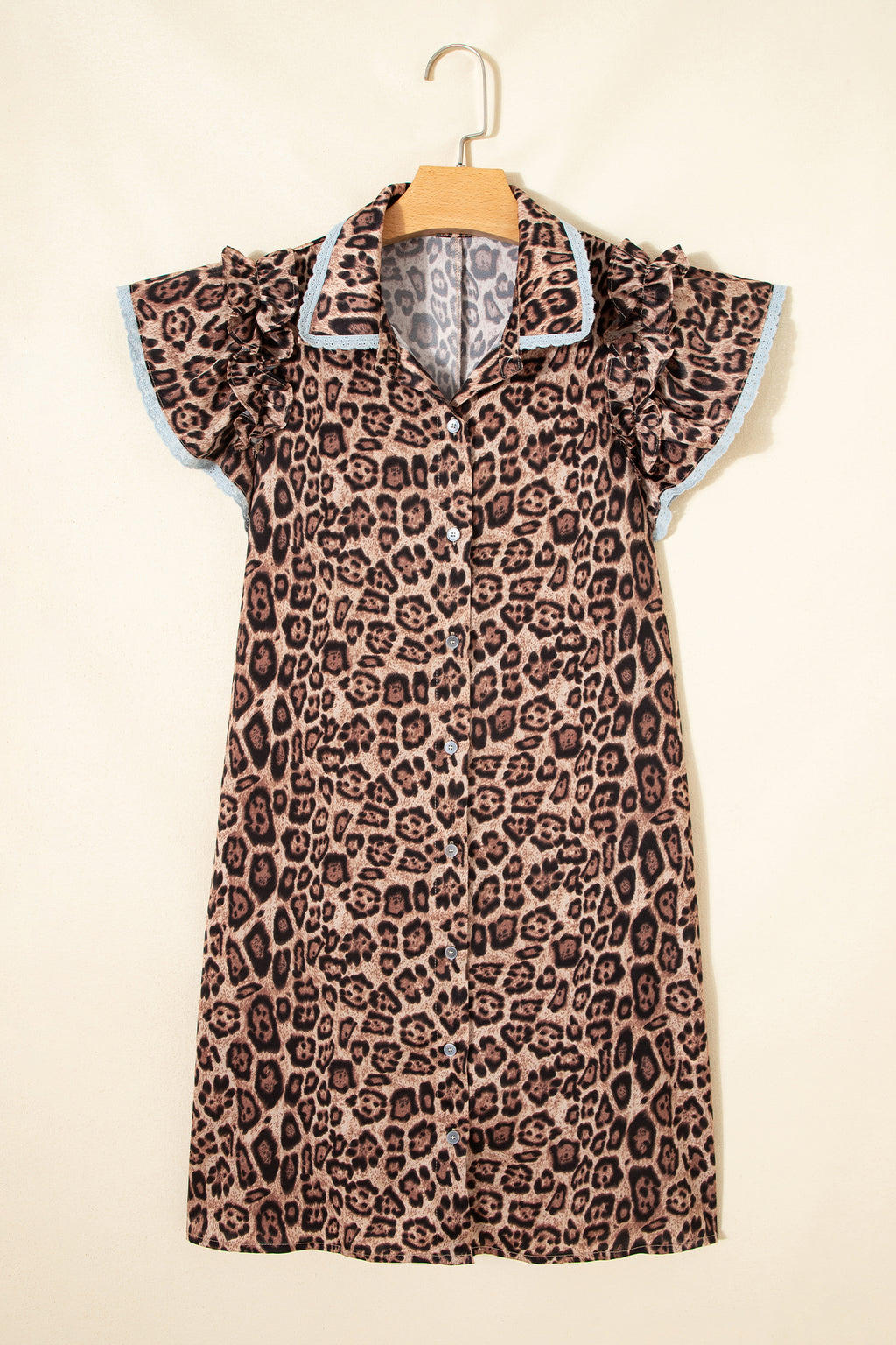 Khaki Leopard Print Lace Trim Shirt Collar Button Down Loose Mini Dress