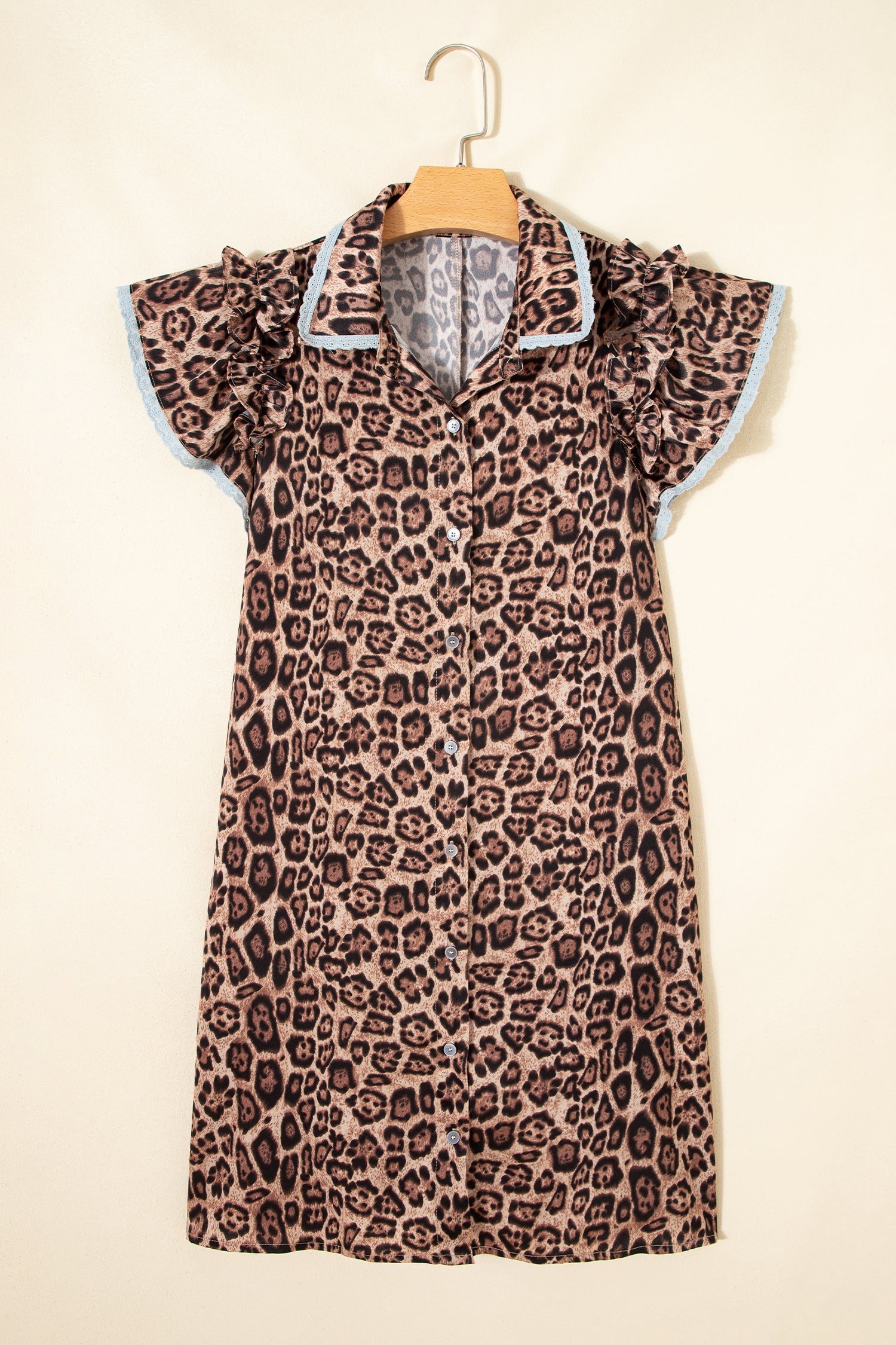 Khaki Leopard Print Lace Trim Shirt Collar Button Down Loose Mini Dress