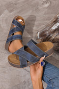 Sail Blue Contrast Stitch Crossed Band Retro Platform Slippers