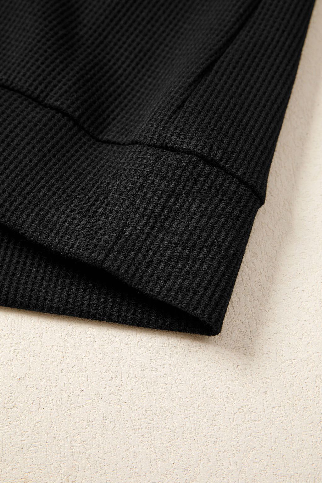 Black Waffle Knit Denim Color Block Patchwork Button Flap Polo Top