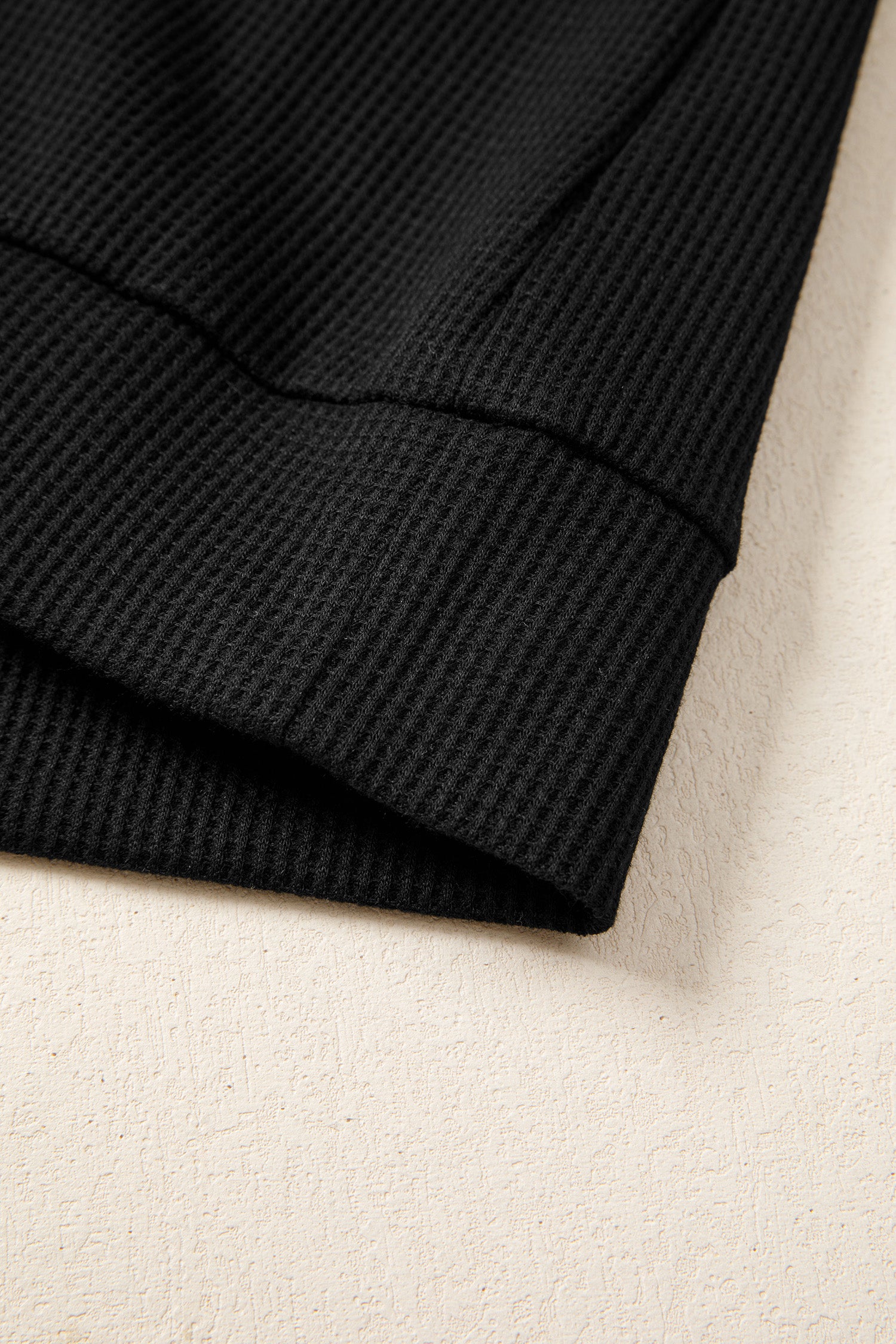 Black Waffle Knit Denim Color Block Patchwork Button Flap Polo Top