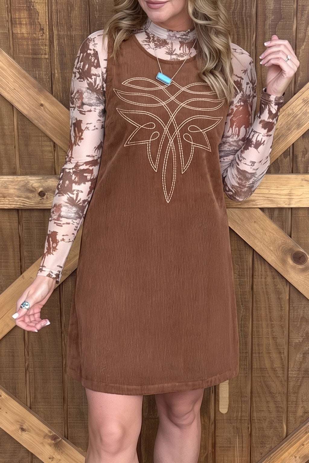 Coffee Geometric Embroidery Sleeveless Corduroy Shift Dress