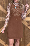 Coffee Geometric Embroidery Sleeveless Corduroy Shift Dress