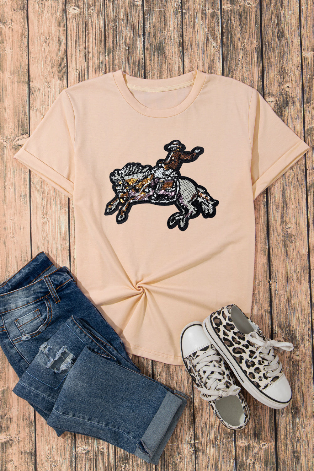 Khaki Rodeo Sequins Patch Graphic Crewneck Tee