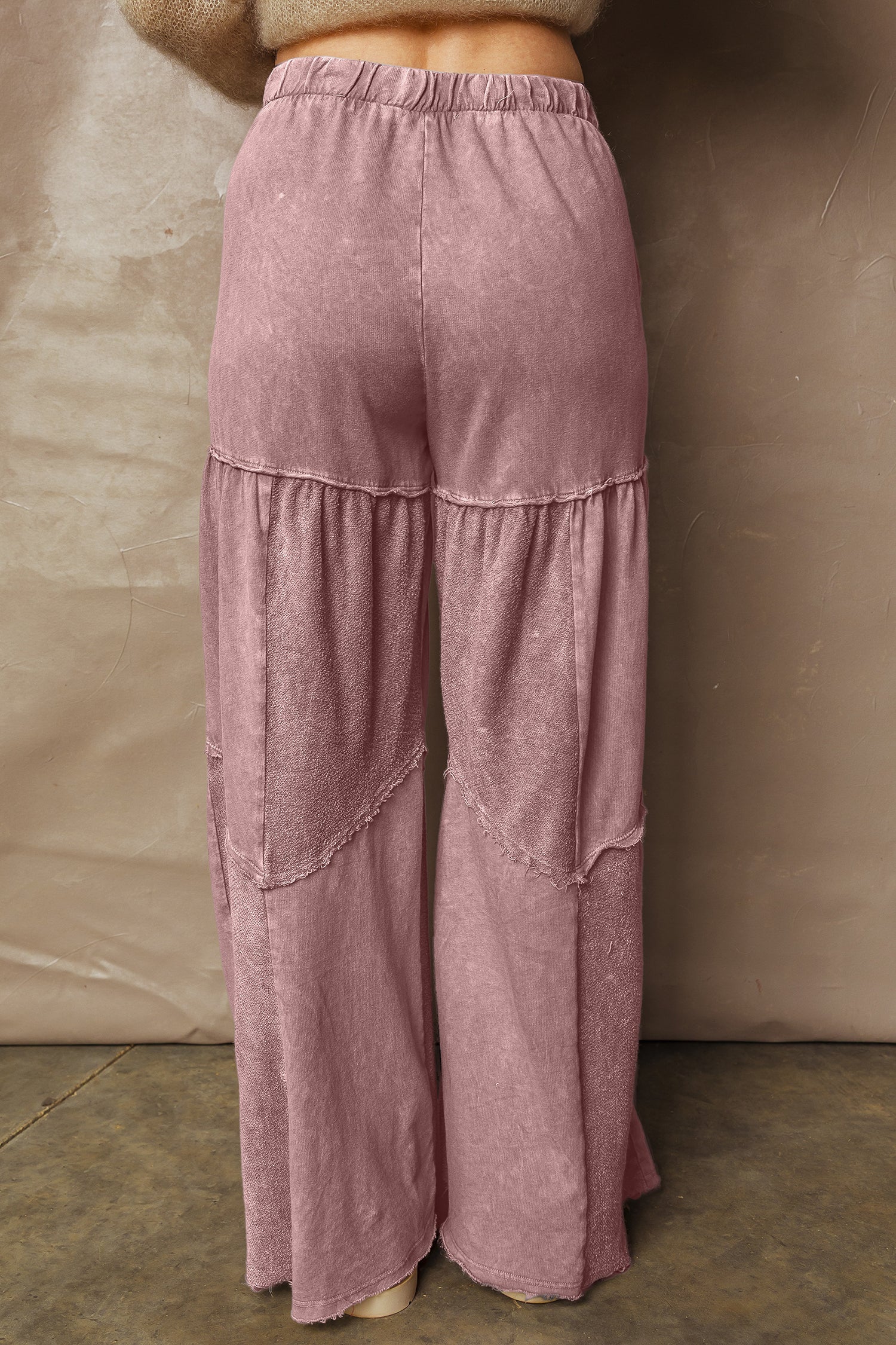 Vineyard Green Mineral Wash Tiered Wide Leg Patchwork Drawstring Pants