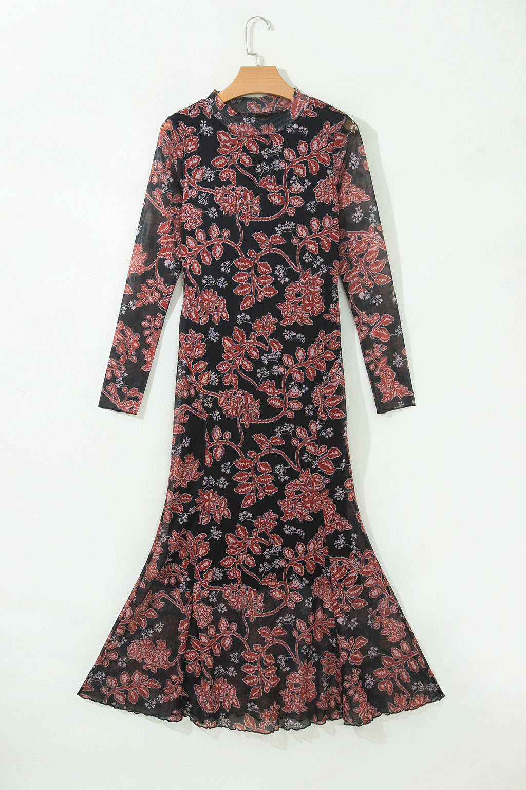 Black Retro Floral Print Long Sleeve Casual Mesh Dress
