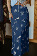 Navy Blue Western Print Satin Long Skirt