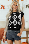 Black Retro Rhombus Western Print Drop Shoulder Short Sleeve Sweater