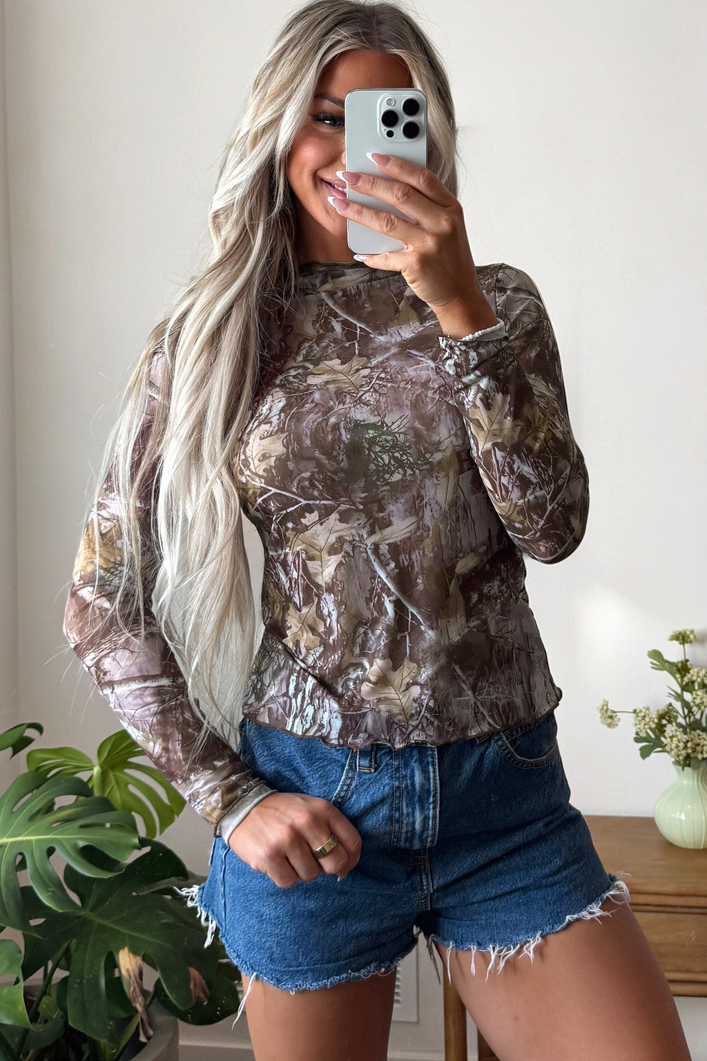 Oatmeal Western Print Slim Fit Mesh Long Sleeve Mock Neck Top