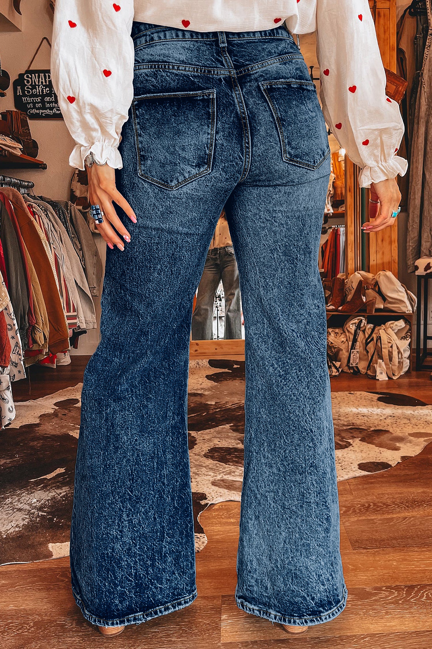 Beau Blue Acid Wash Pocket Detail Flare Jeans